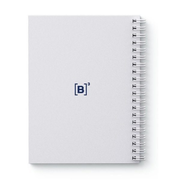 Caderno espiral branco capa dura e estampas de ícones desenhados a partir de elementos retirados da arquitetura do prédio XV de Novembro. Logo B3 no verso e estampas na cor azul marinho.